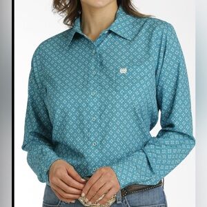 Cinch Women's Geometric Print Arenaflex Teal Button Down Shirt Size XXL